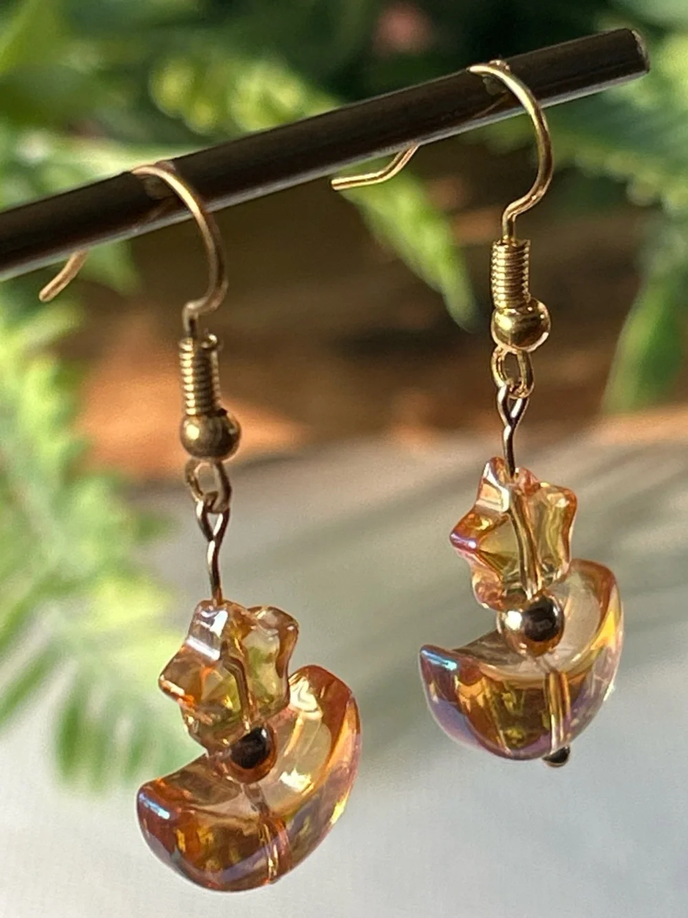 Gold-Tone Orange Iridescent Star & Crescent Drop Earrings